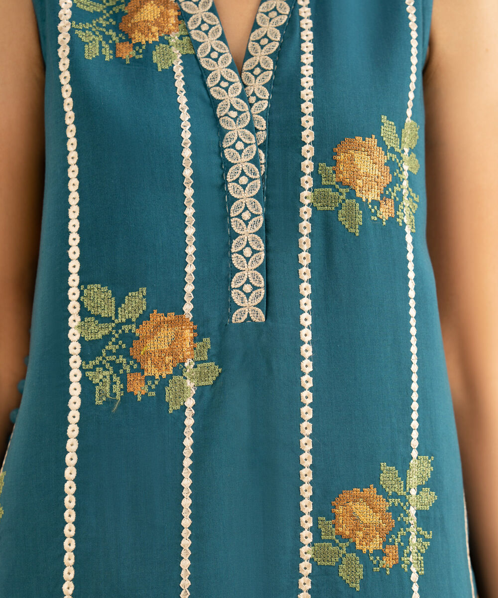 Women's Unstitched Viscose Raw Silk Embroidered Blue 3 Piece Suit