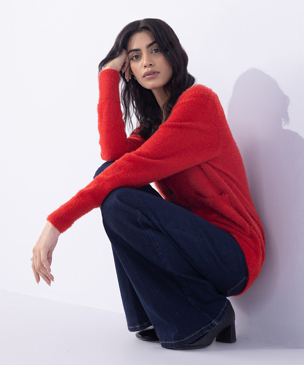 Woman - Red Soft Touch Knit Cardigan