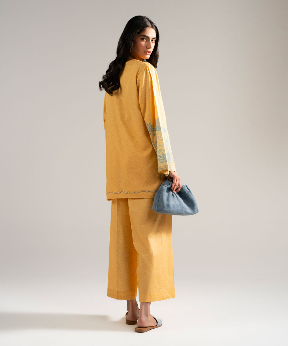 Women's RTW Dobby Embroidered Orange Straight Shirt