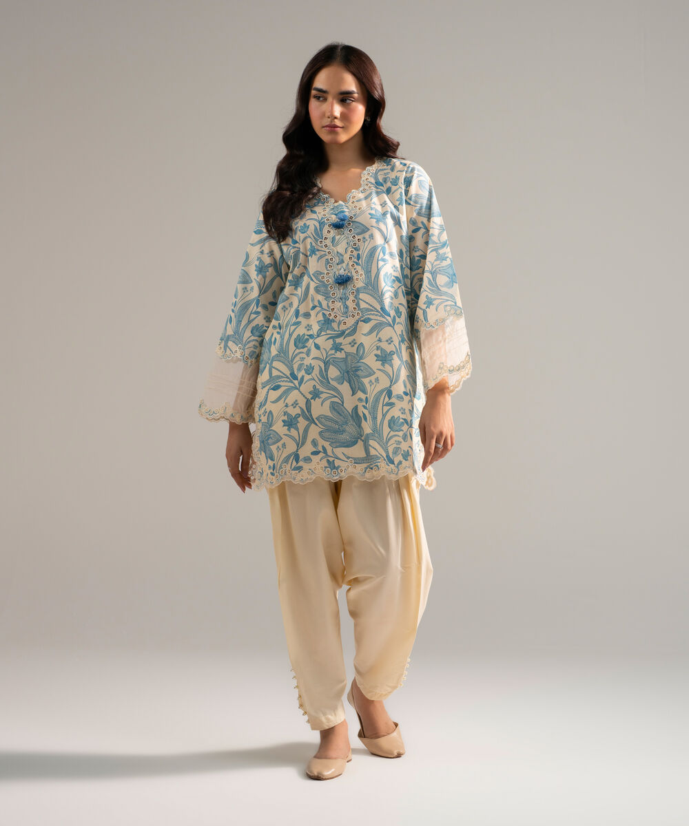 Women's RTW Slub Lawn Embroidered Off White 2 Piece Suit