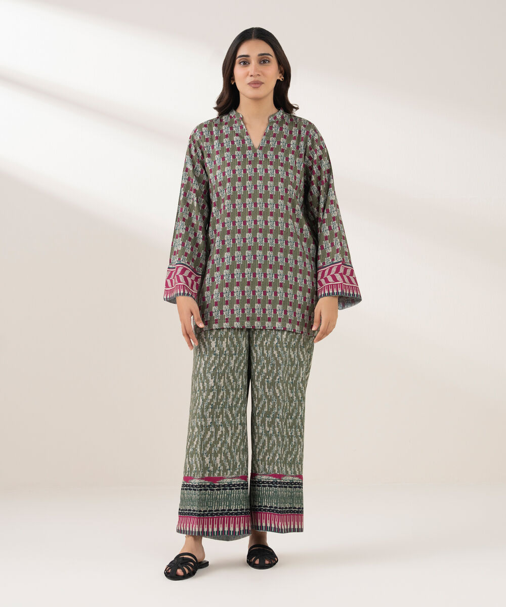 Women's RTW Viscose Linen Printed Straight Green Shirt