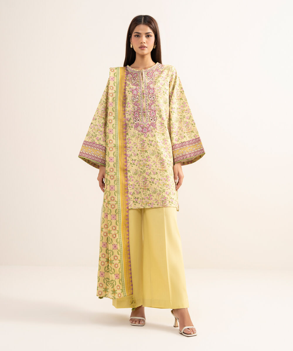 Women's Unstitched Lawn Embroidered Yellow 3 Piece Suit