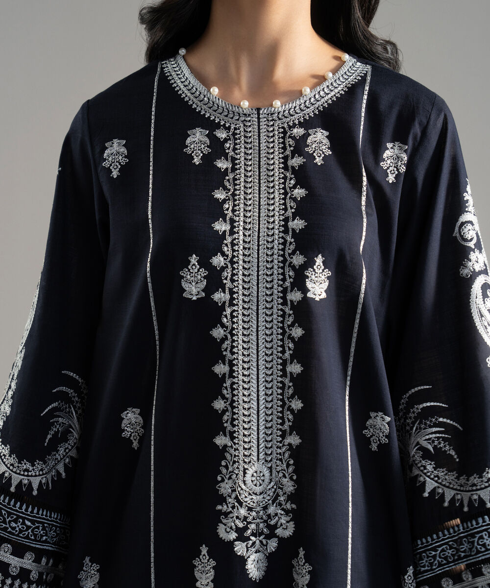 Women's RTW Solid Embroidered Cross Hatch Black A-Line Shirt