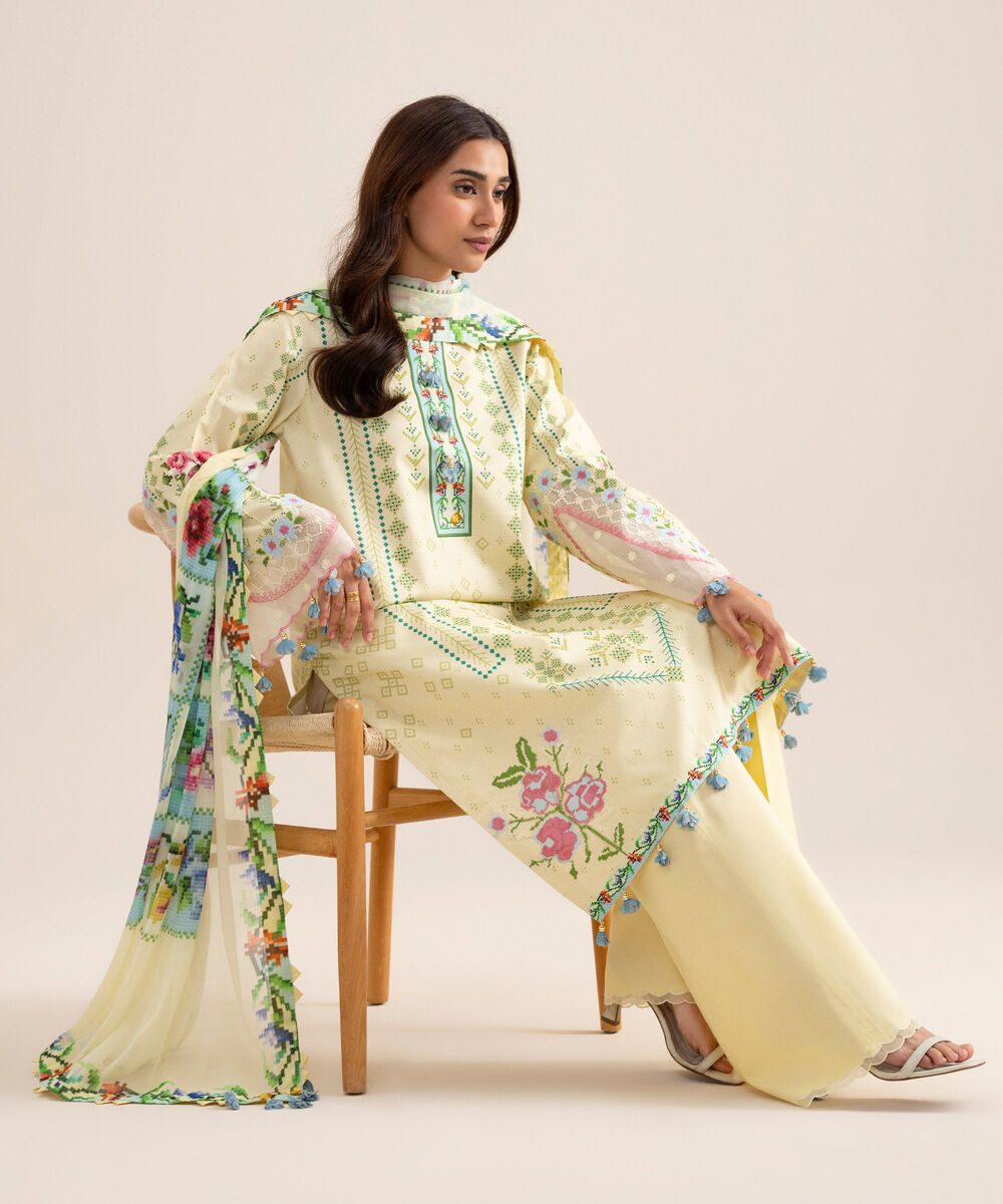 Women's Unstitched Zari Cotton Embroidered Butter Yellow  3 Piece Suit