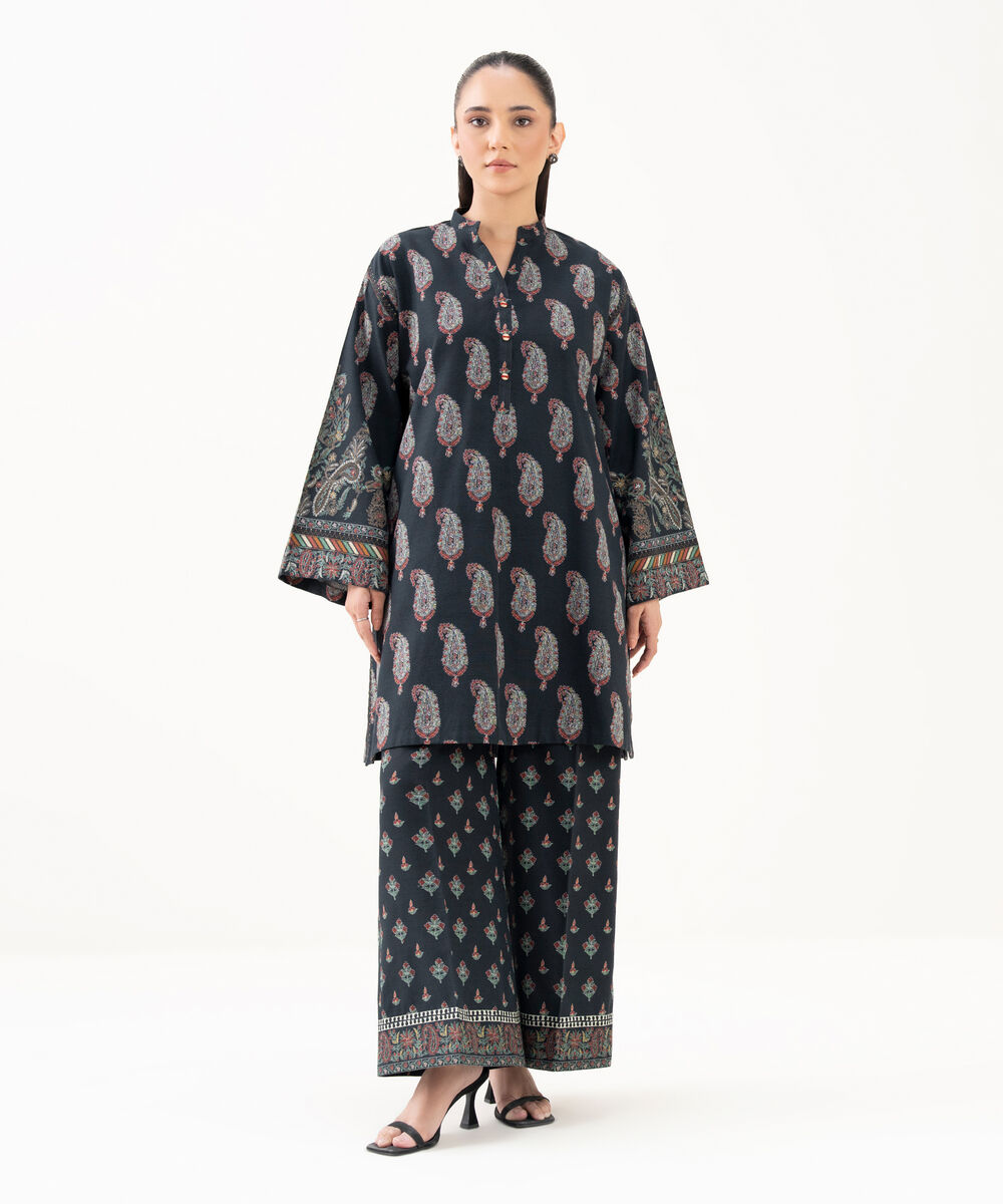 Women's Unstitched Light Khaddar Printed Black 2 Piece Suit