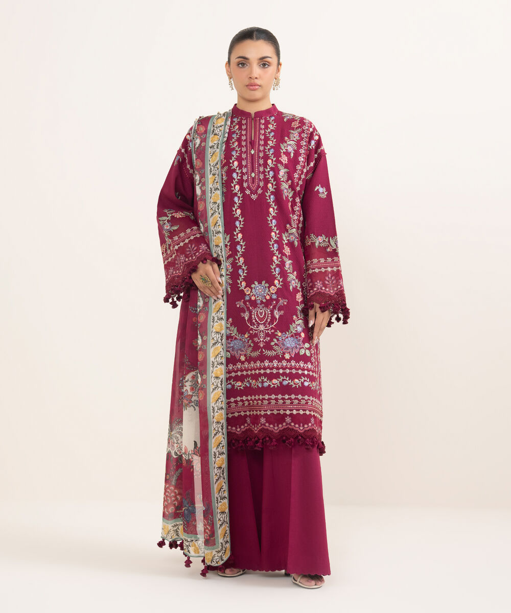 Women's Unstitched Dobby Embroidered Pink 3 Piece Suit