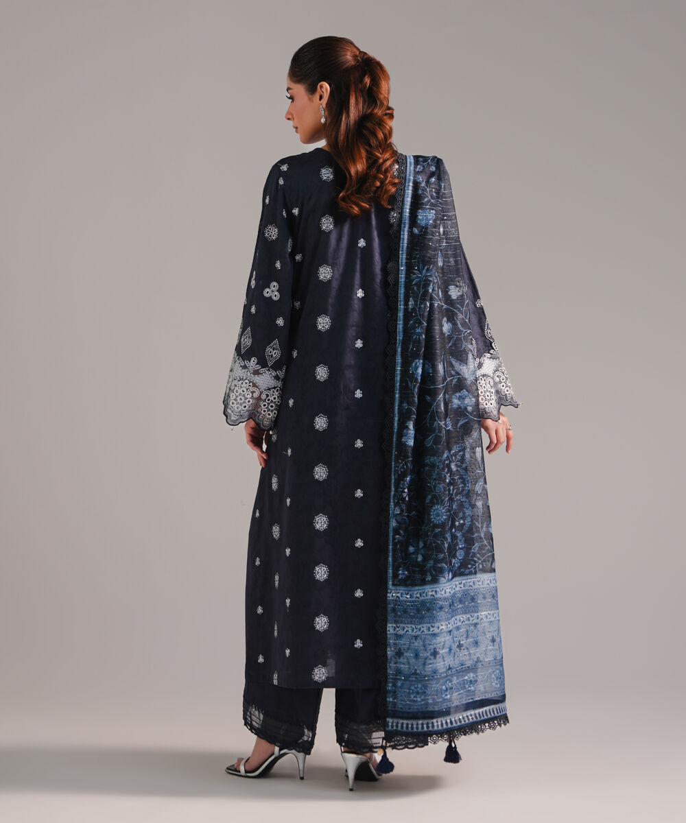 Women's RTW Self Jacquard Embroidered Dark Blue 3 Piece Suit