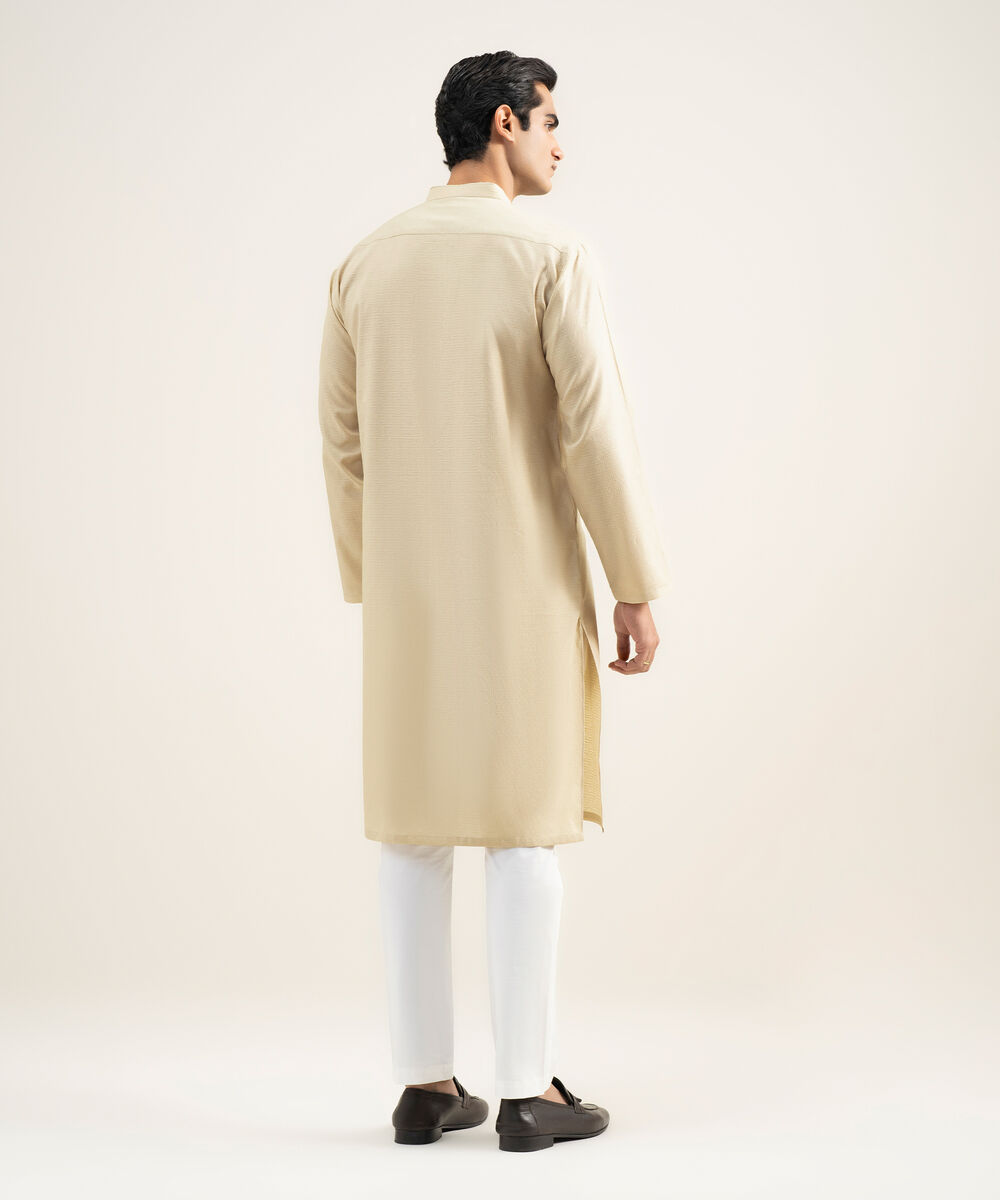 Men's Stitched Cotton Jacquard Beige Kurta