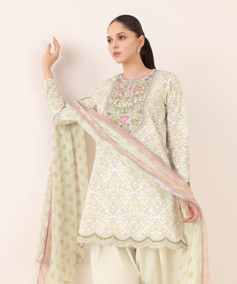 Women's Unstitched Cotton Embroidered Multi Three Piece Suit