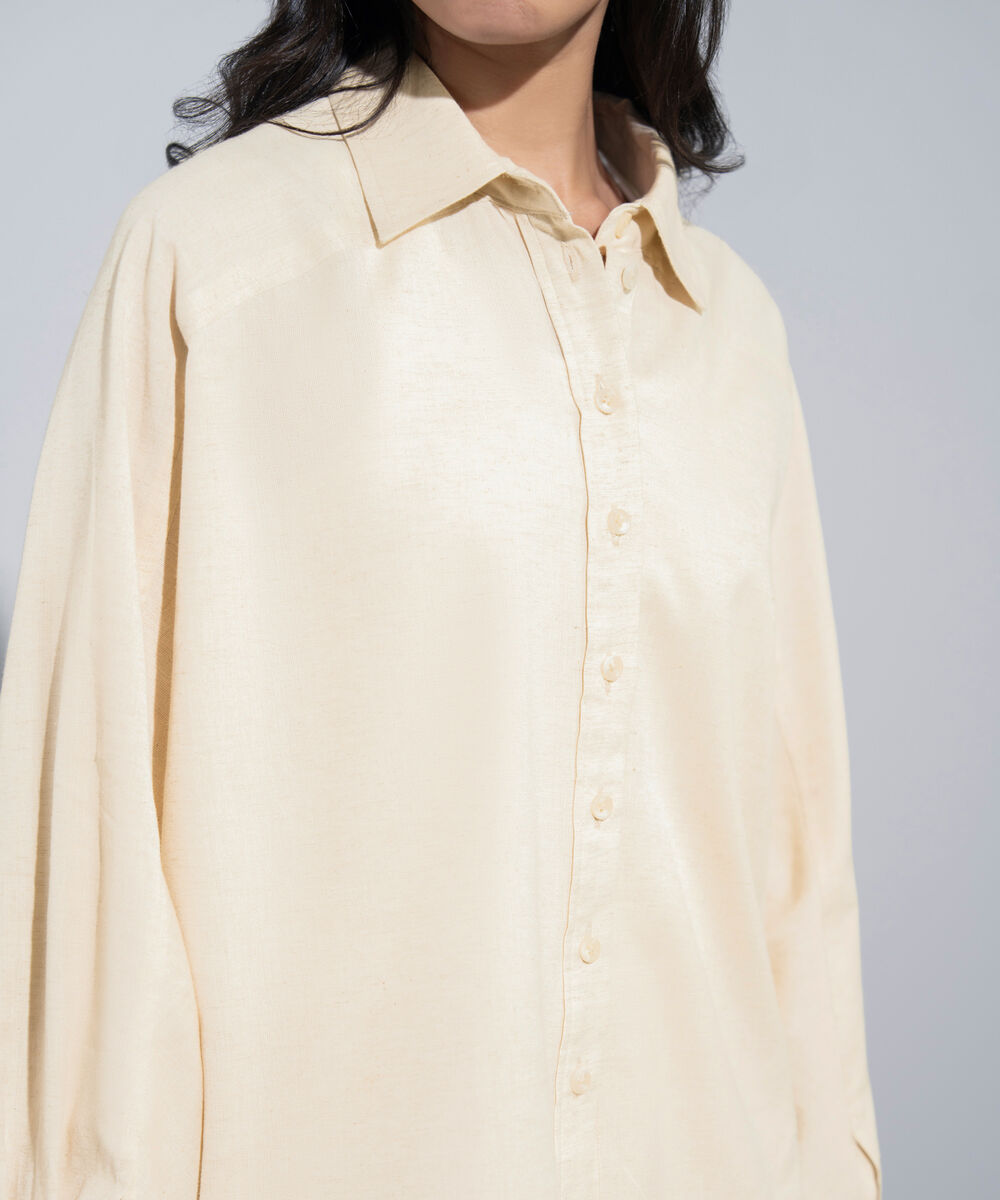 Women's Western Beige Relaxed-Fit Linen Blend Shirt