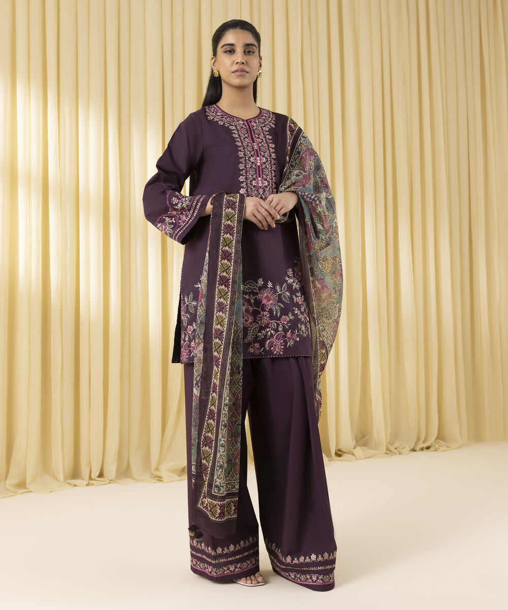 Unstitched Women's Purple Textured Lawn 3 Piece Suit