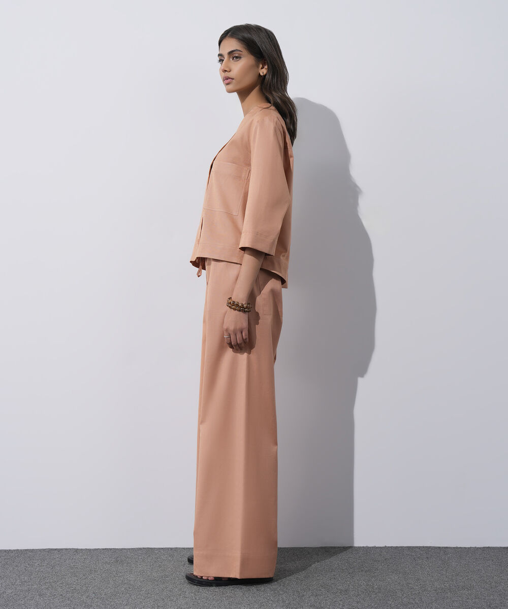 Women's Western Wear Peach V-Neck Linen Blend Shirt