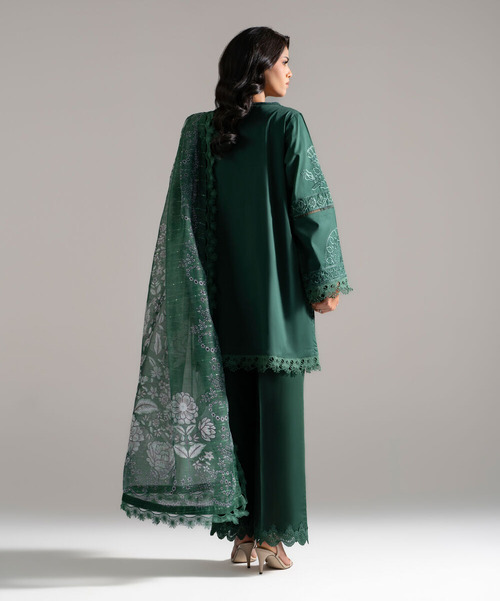 Women's RTW Lawn Embroidered Green 3 Piece Suit