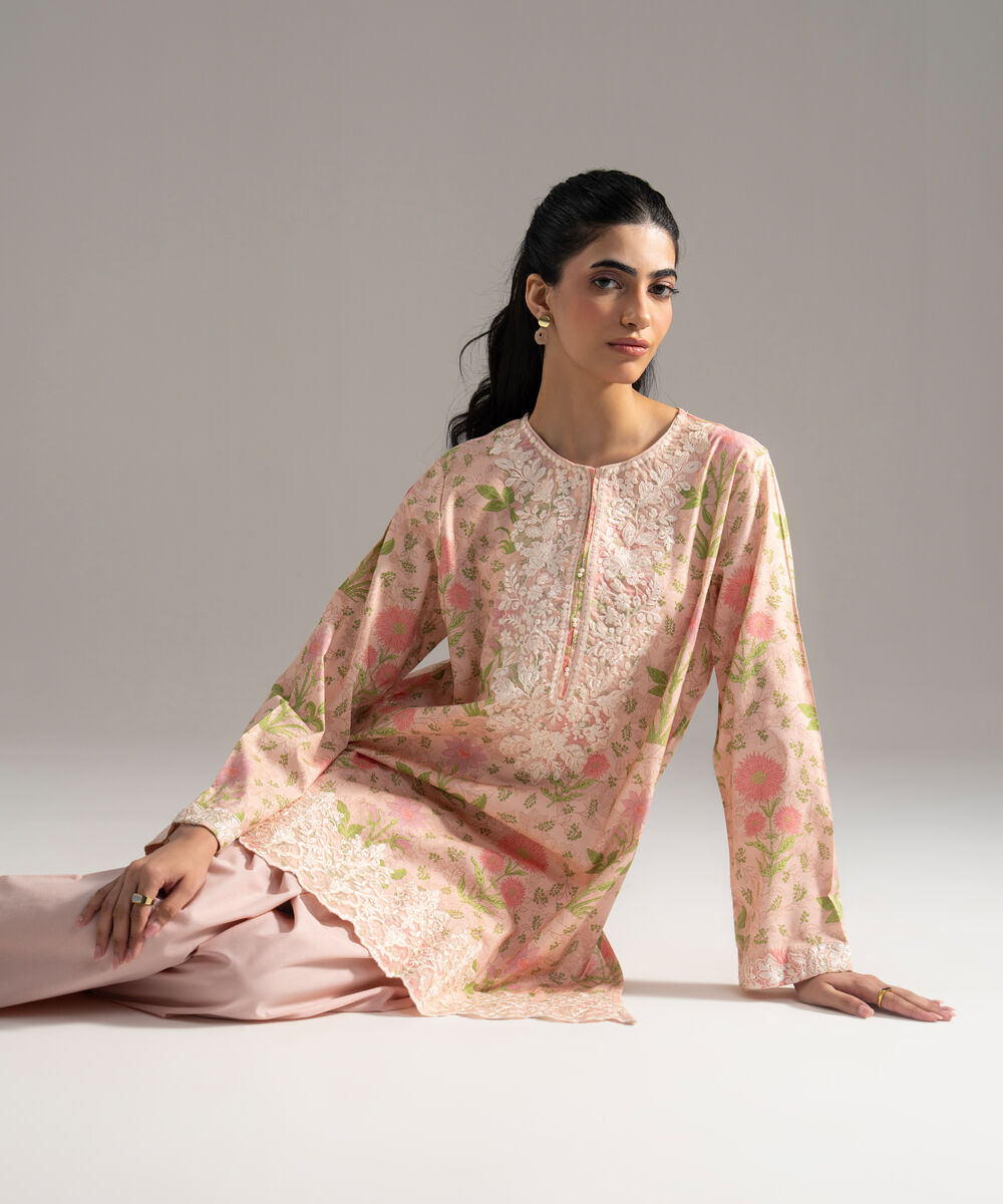 Women's RTW Cotton Viscose Printed Embroidered Pink 2 Piece Suit
