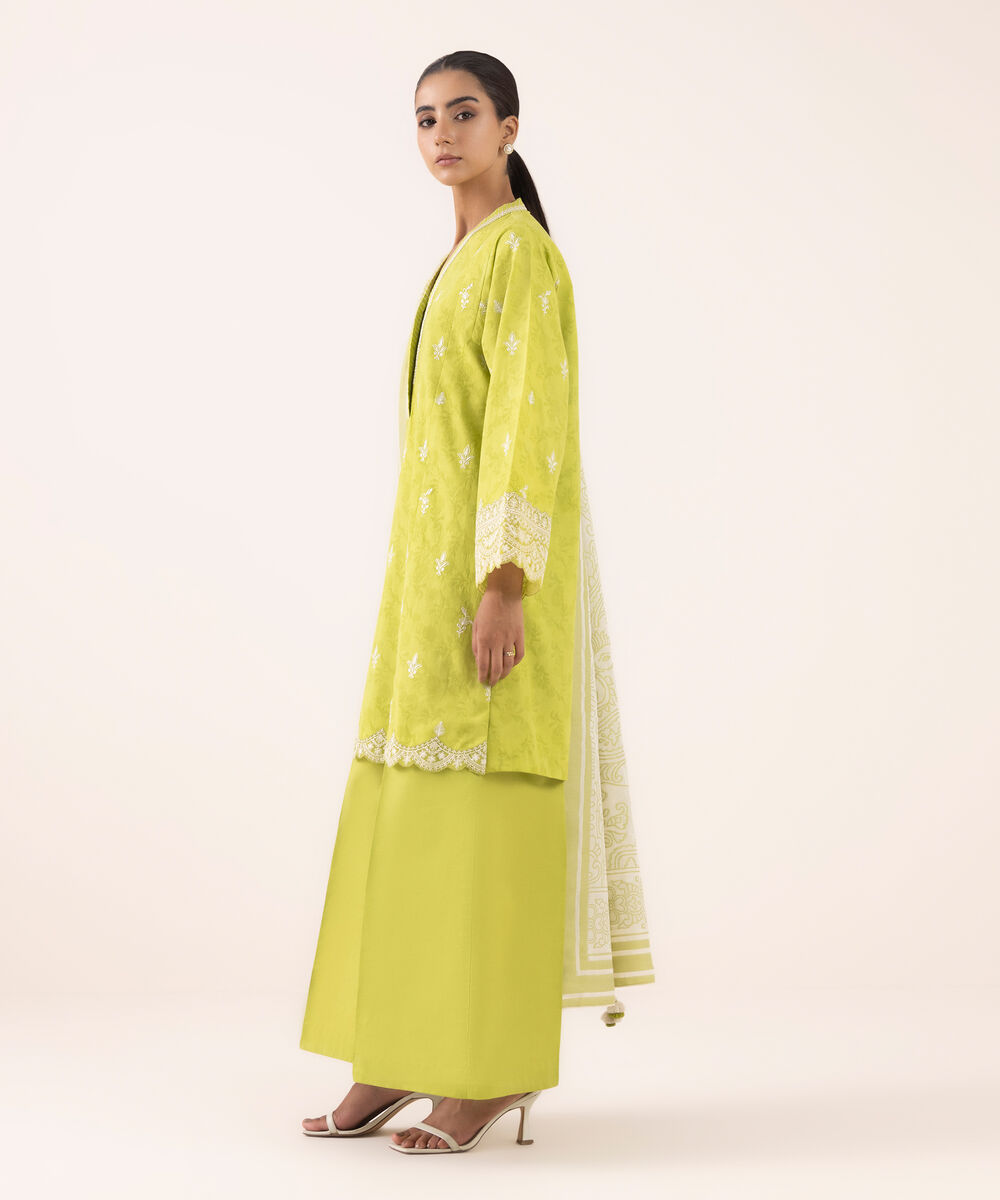 Women's Unstitched Jacquard Embroidered Green Three Piece Suit