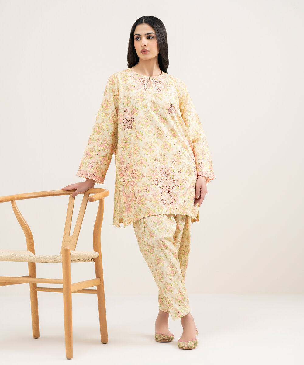 Women's RTW Zari Cotton Embroidered Yellow Straight Shirt