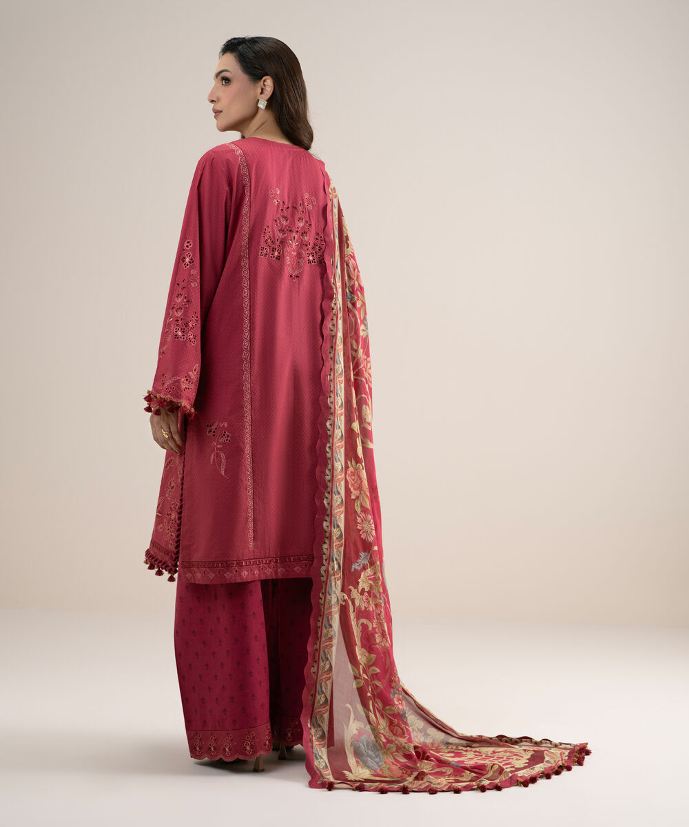 Women's Unstitched Embroidered Dobby Red 3 Piece Suit