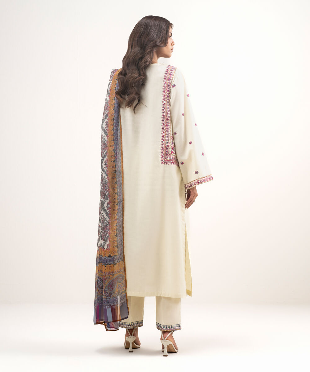 Women's RTW Dobby Embroidered Cream White 3 Piece Suit