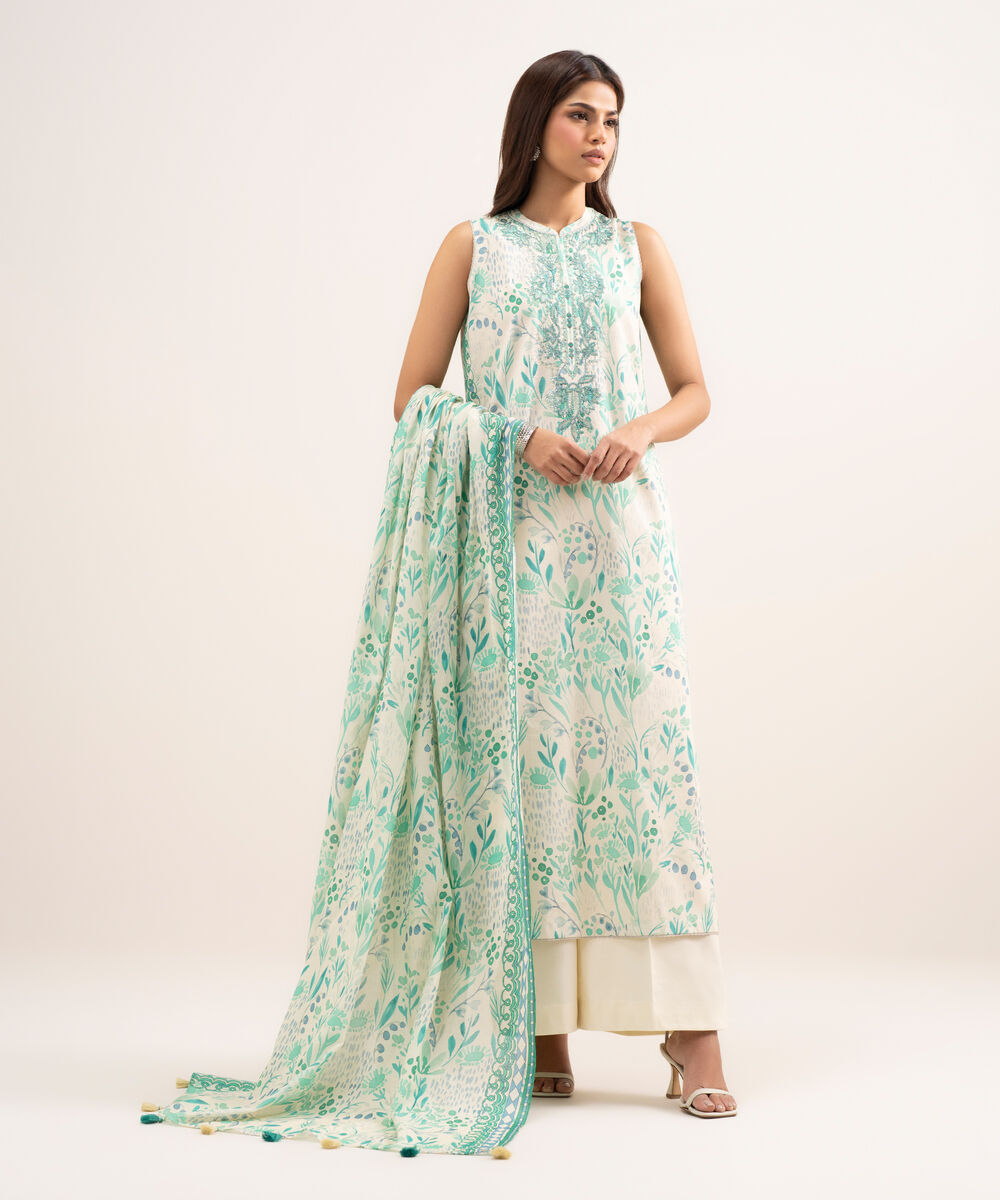 Women's Unstitched Lawn Embroidered Green 3 Piece Suit