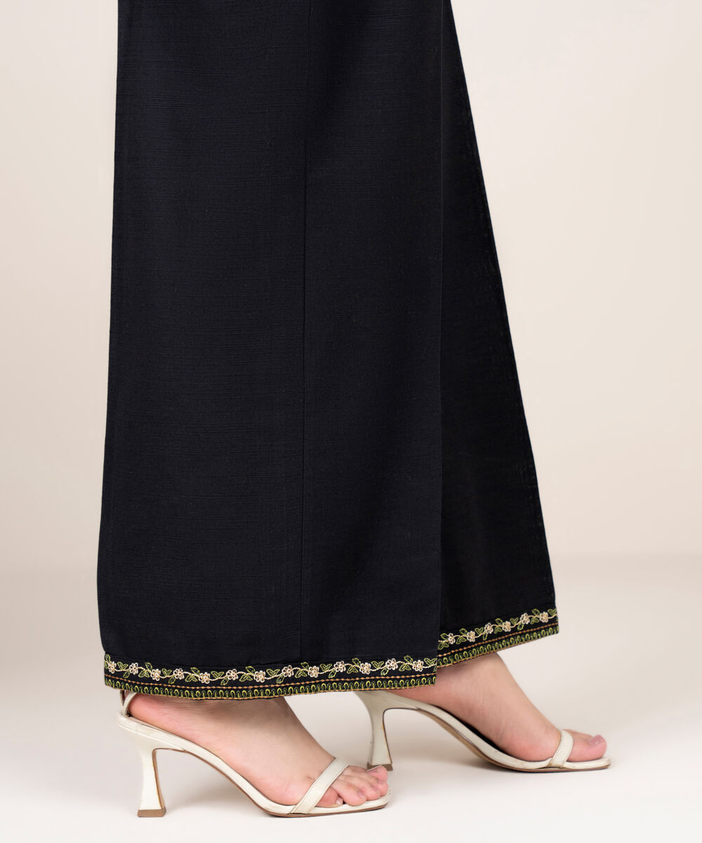 Women's RTW Khaddar Embroidered Black Flared Pants