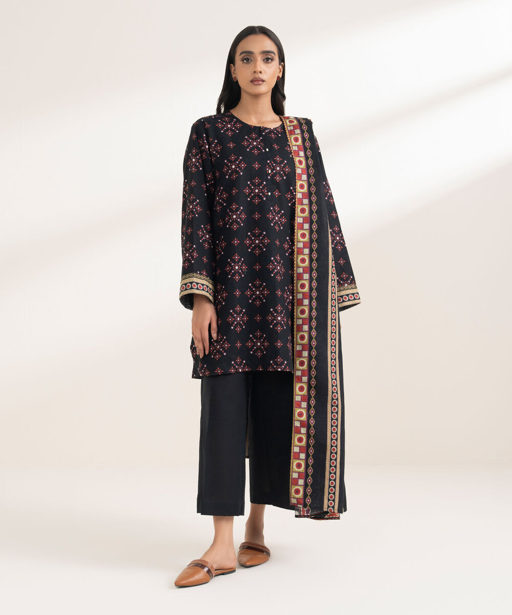 Women's RTW Khaddar Printed Black 3 Piece Suit
