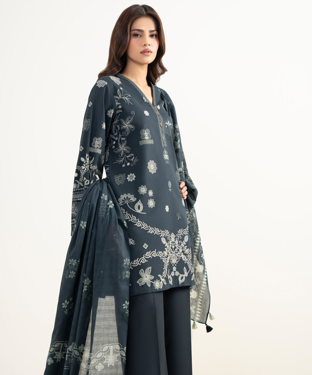 Women's Unstitched Lawn Printed Black 3 Piece Suit