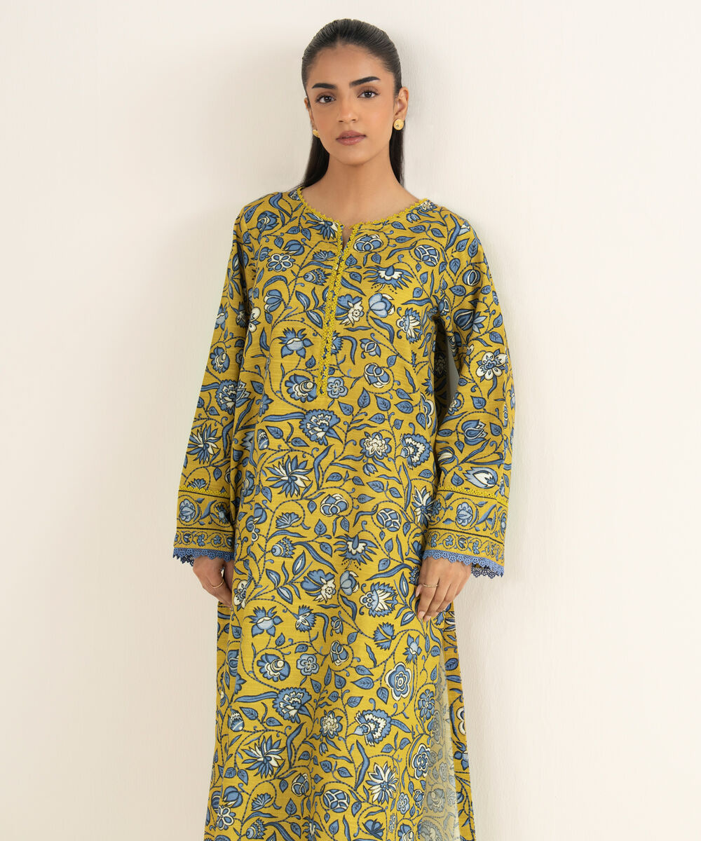 Women's RTW Cotton Printed Yellow A-Line Shirt