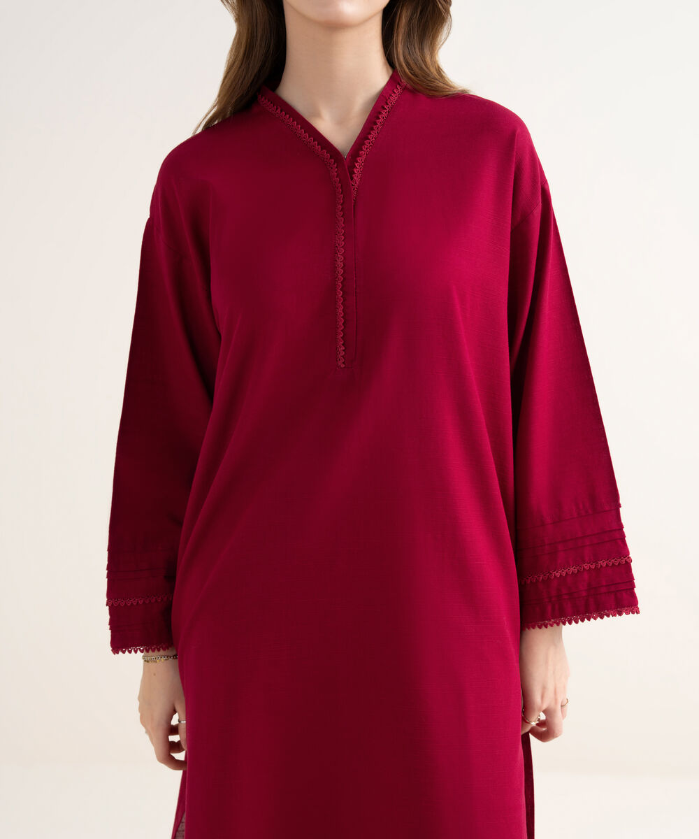 Women's RTW Textured Cotton Solid Drop Shoulder Red Shirt