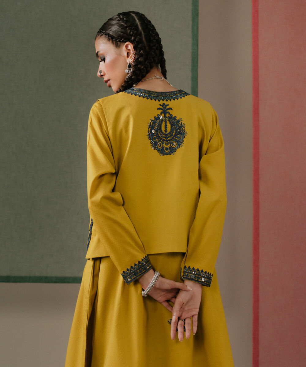 Women's RTW Textured Cotton Yellow Embroidered Front Open Waistcoat