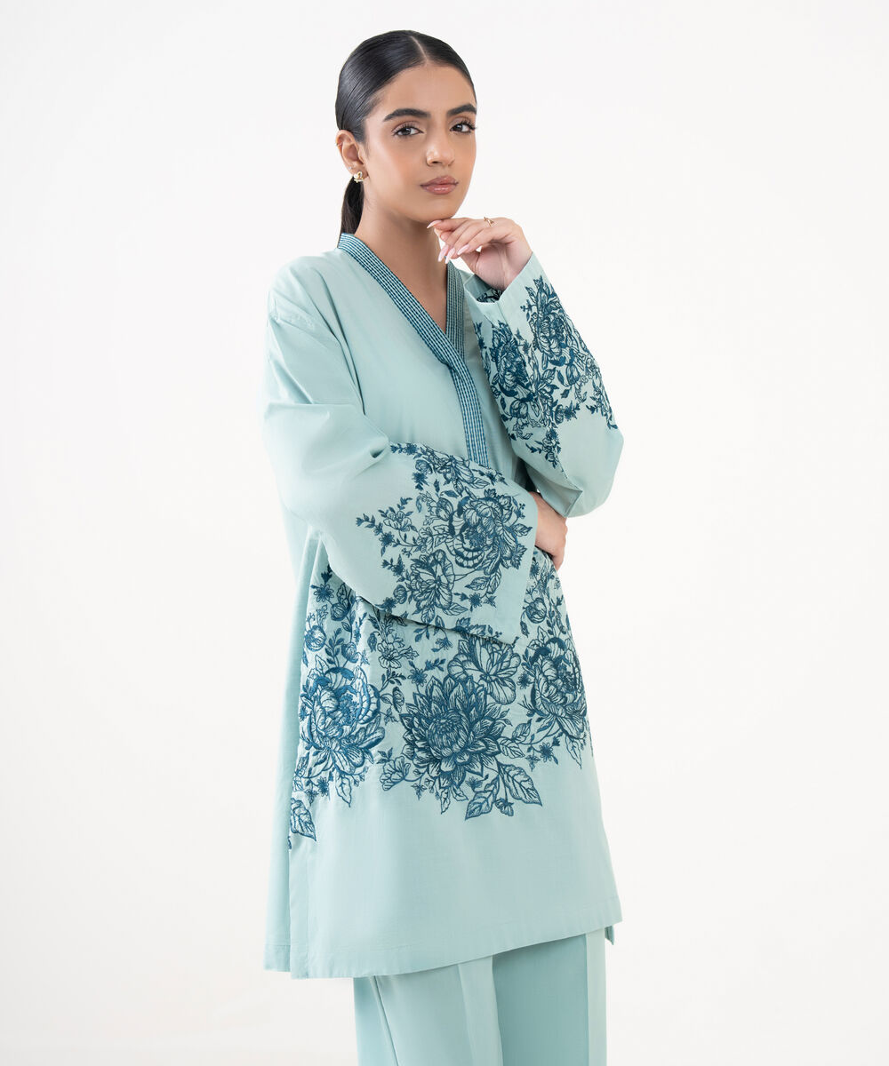 Women's RTW Textured Lawn Blue Embroidered A-Line Shirt