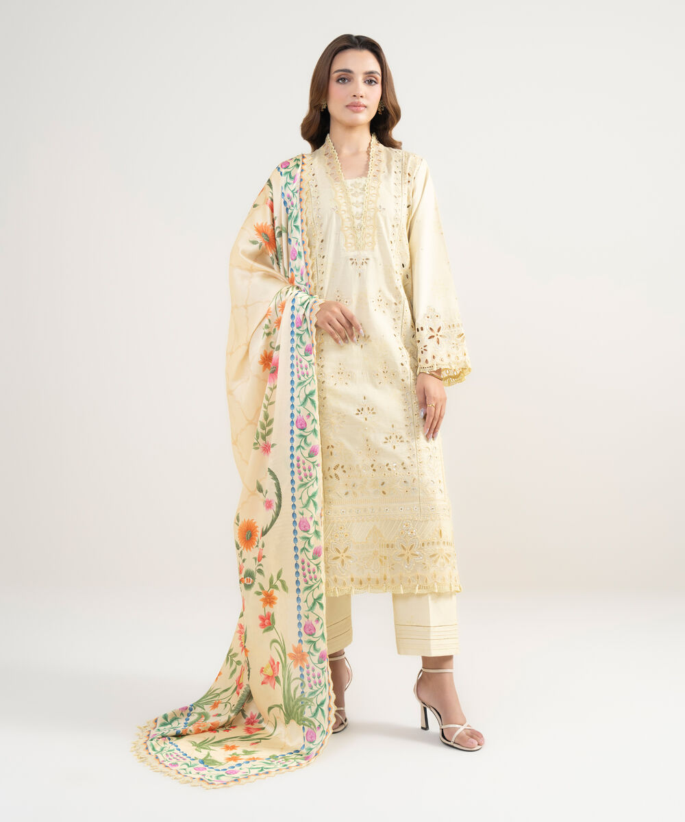 Women's Unstitched Cotton Embroidered Yellow 3 Piece Suit