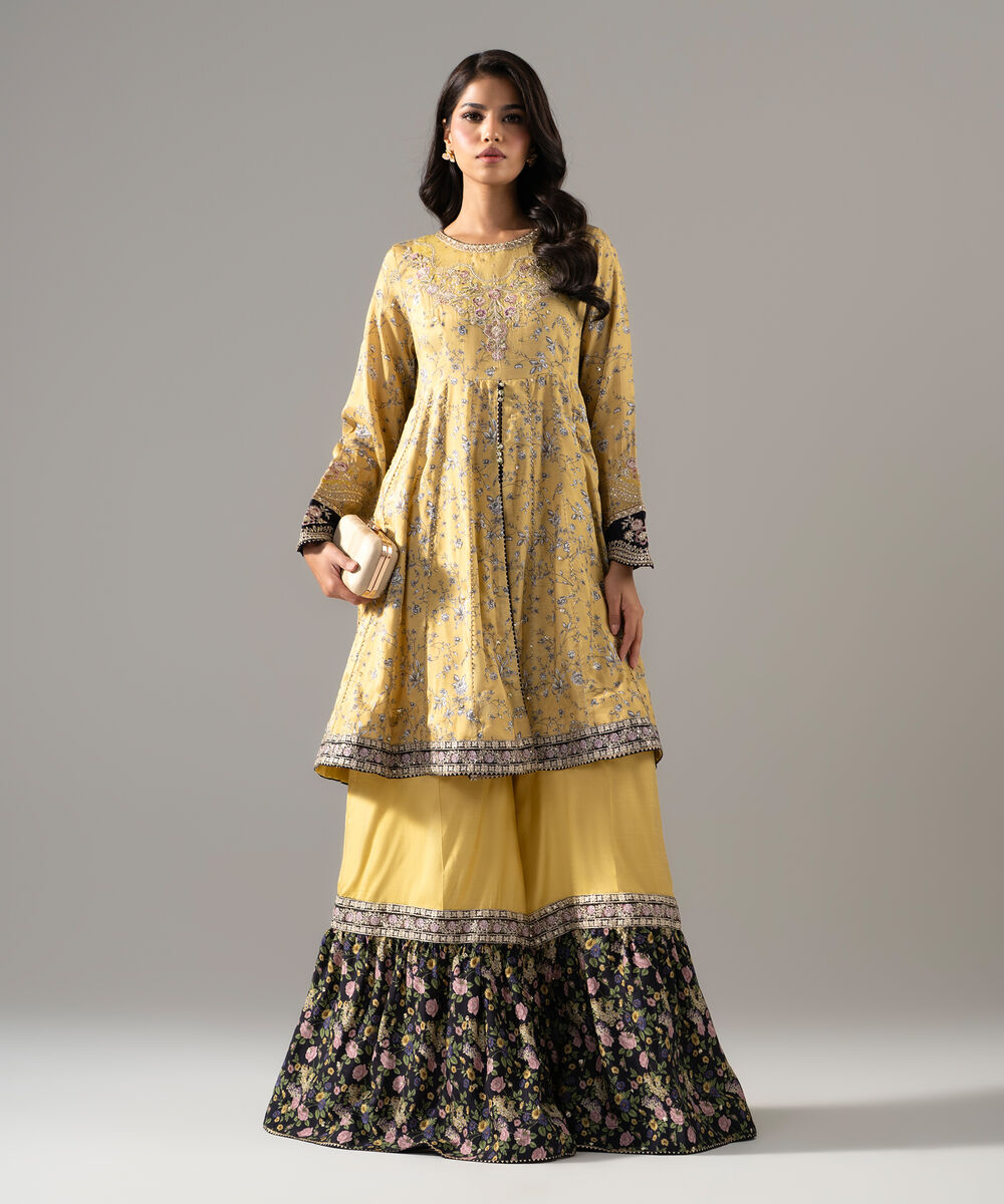 Women's RTW Bright Raw Silk Printed Yellow 2 Piece Suit