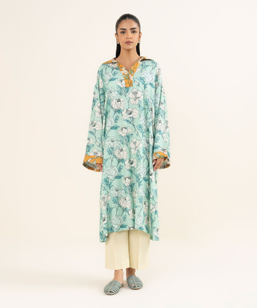 Women's RTW Herringbone Printed Turquoise Straight Shirt