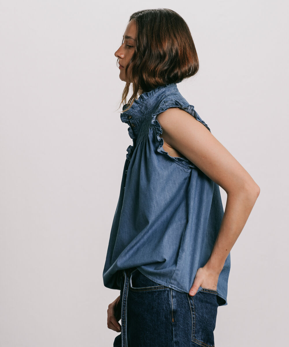 Women's Western Wear Blue Denim Frill Blouse