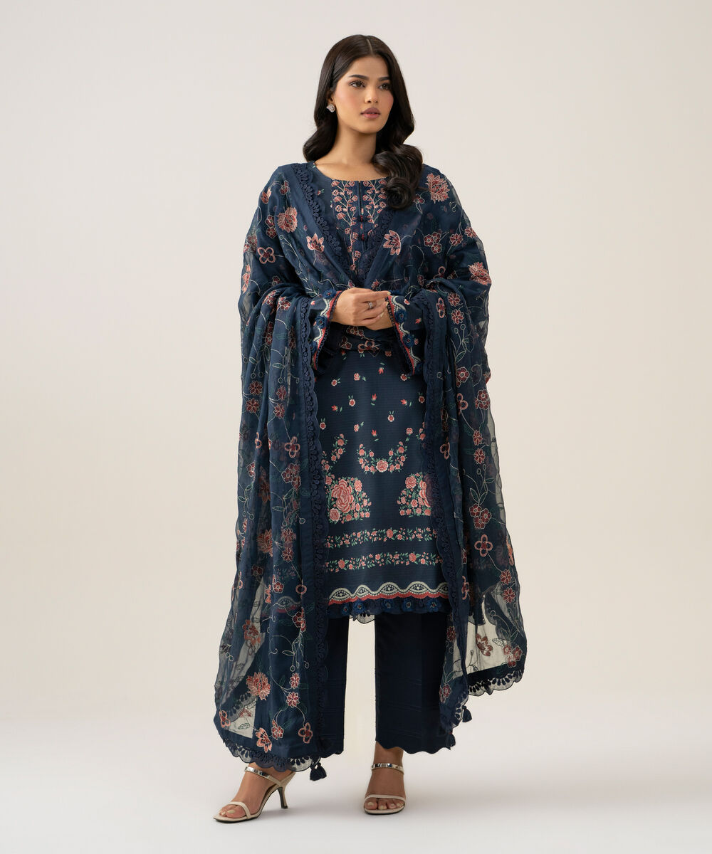 Women's Unstitched Blended Chiffon Printed Navy Blue 3 Piece Suit