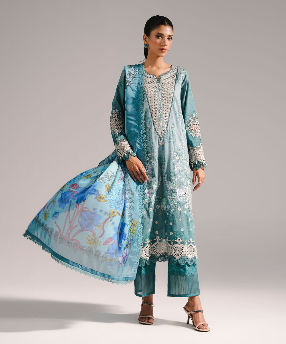 Women's RTW Self Jacquard Embroidered Blue 3 Piece Suit