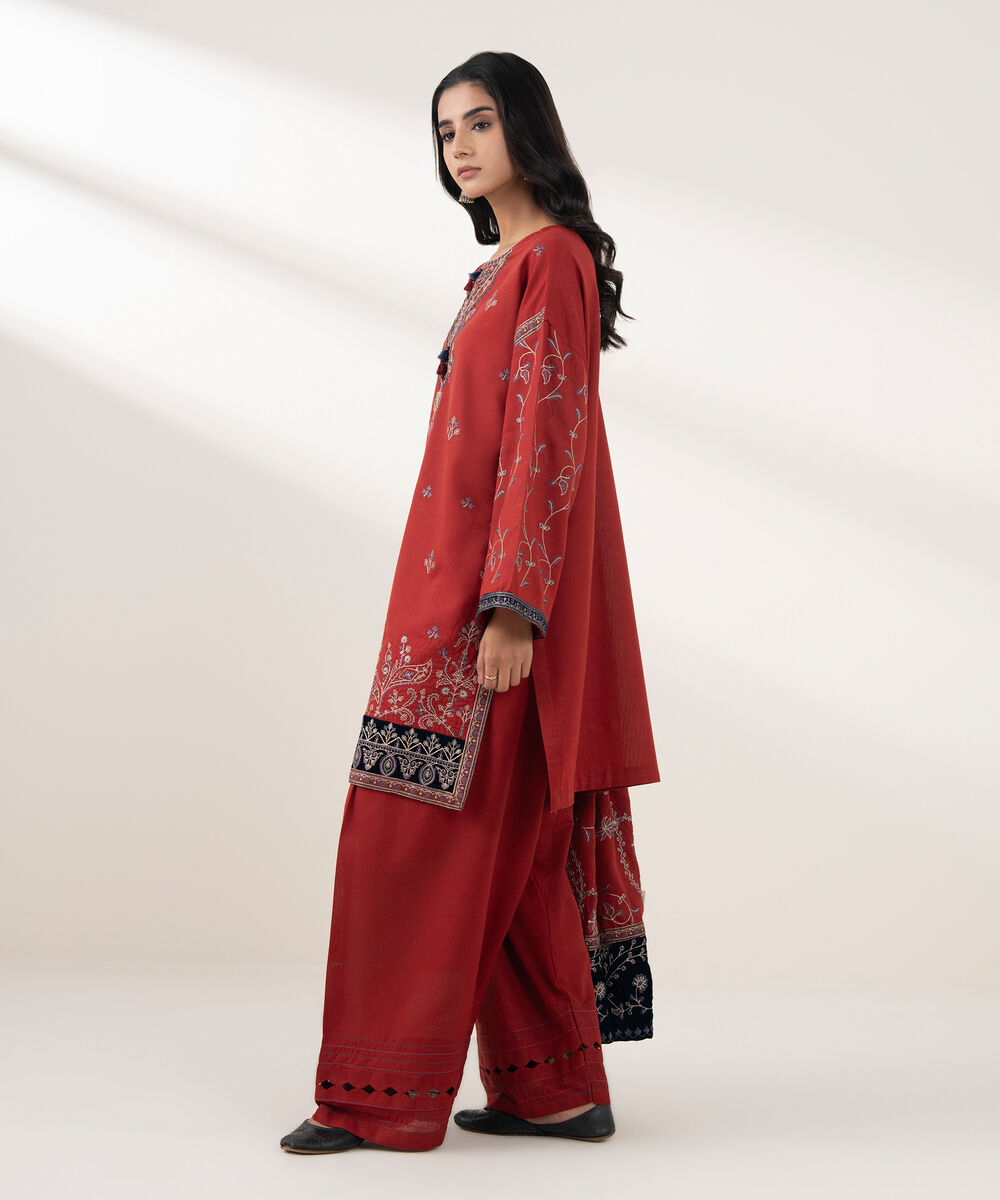 Women's RTW Cotton Karandi Embroidered Red 3 Piece Suit