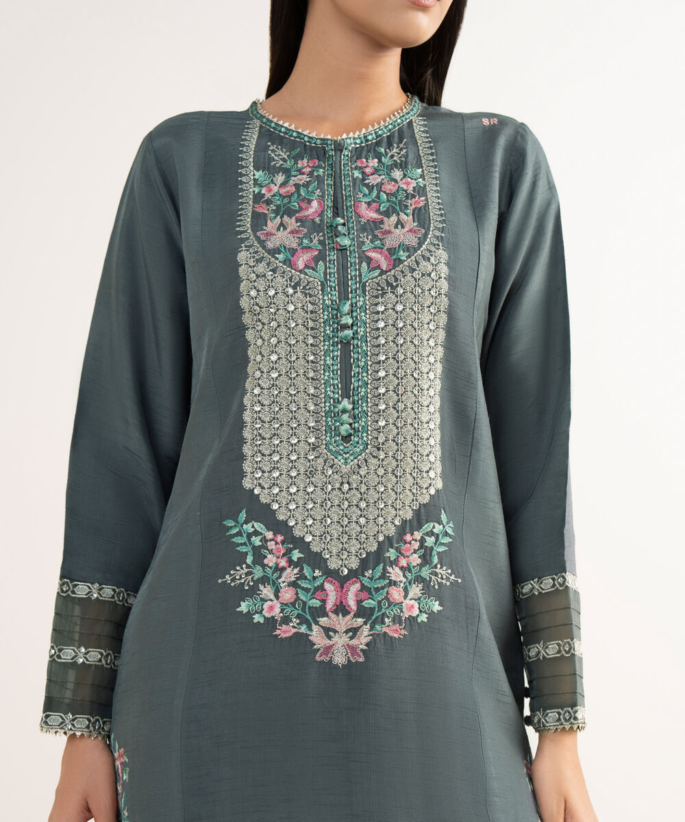 Women's RTW Raw Silk Grey Embroidered 3 Piece Suit