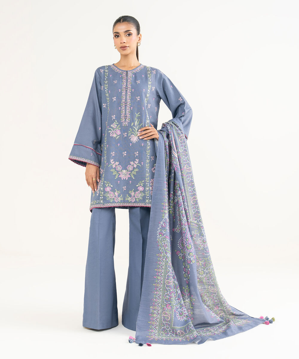 Women's Unstitched Lawn Embroidered Blue 3 Piece Suit