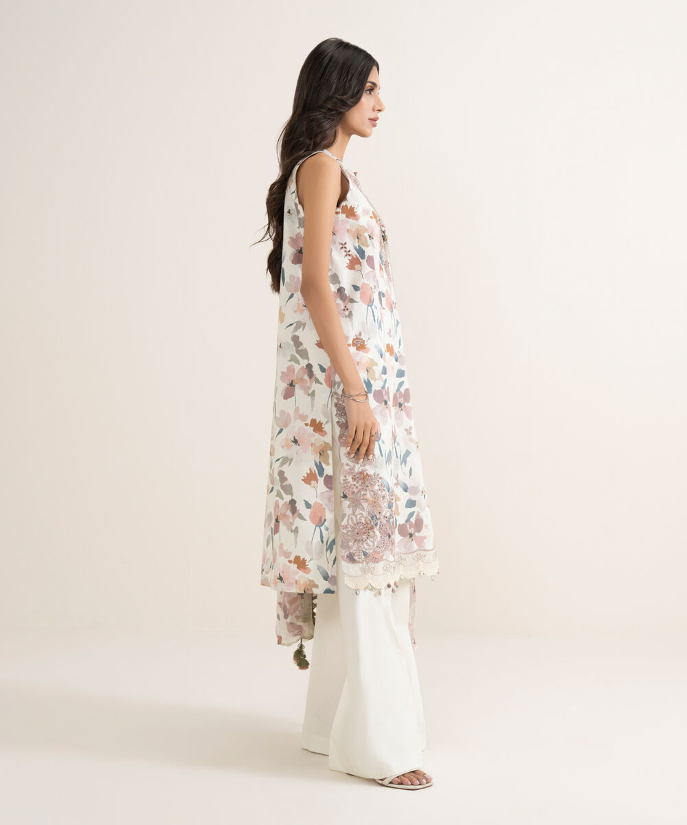 Women's Unstitched Lawn Embroidered Off White 3 Piece Suit