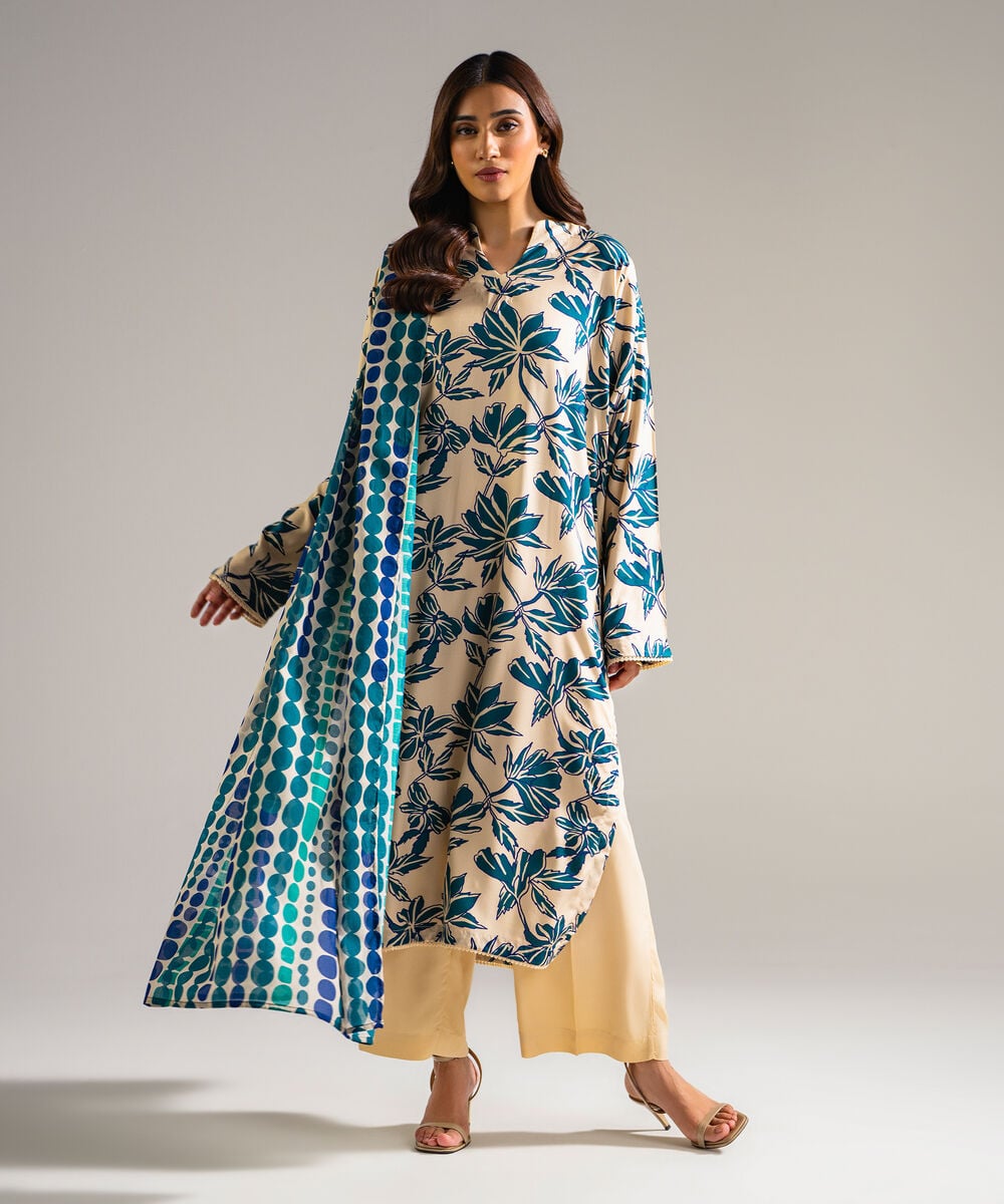Women's RTW Arabic Lawn Printed Off White 3 Piece Suit