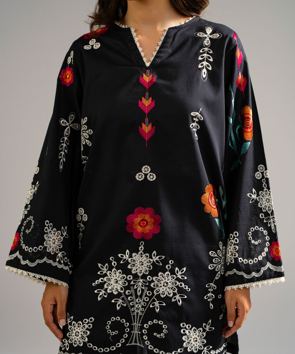 Women's RTW Dobby Embroidered Black Straight Shirt
