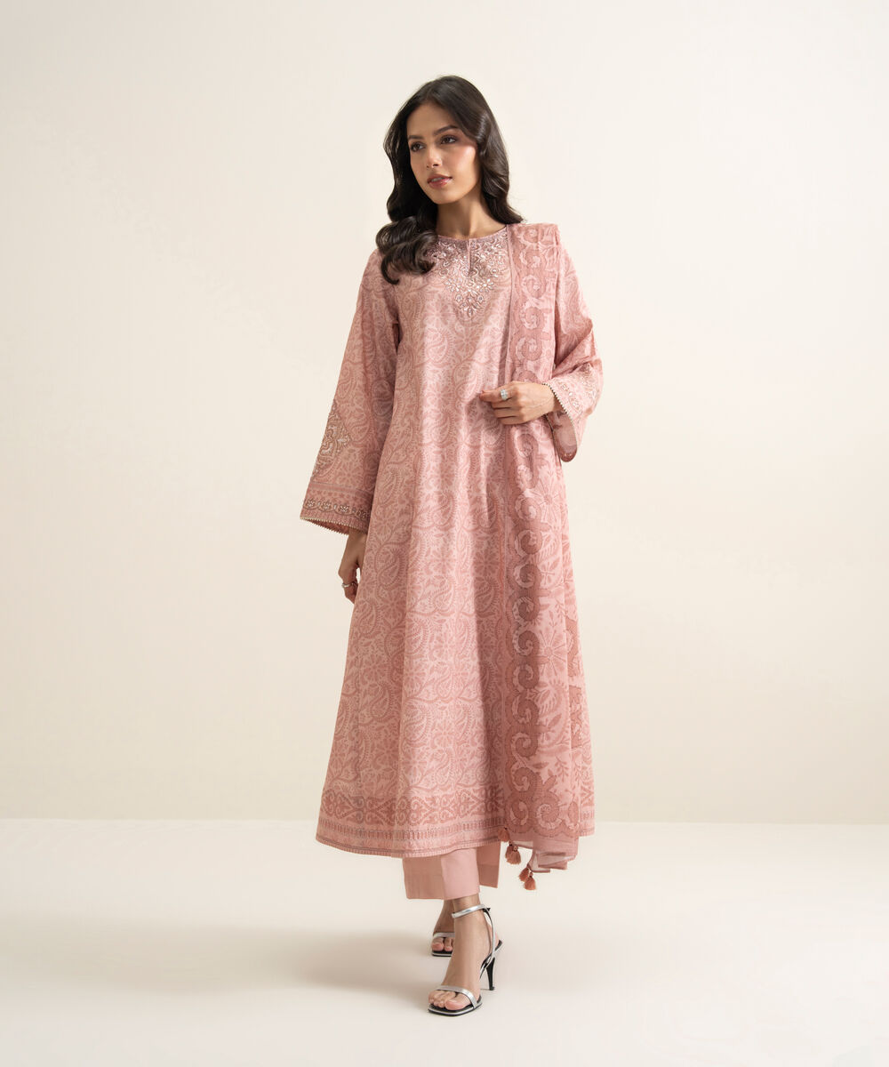 Women's Unstitched Lawn Embroidered Tea Pink 3 Piece Suit