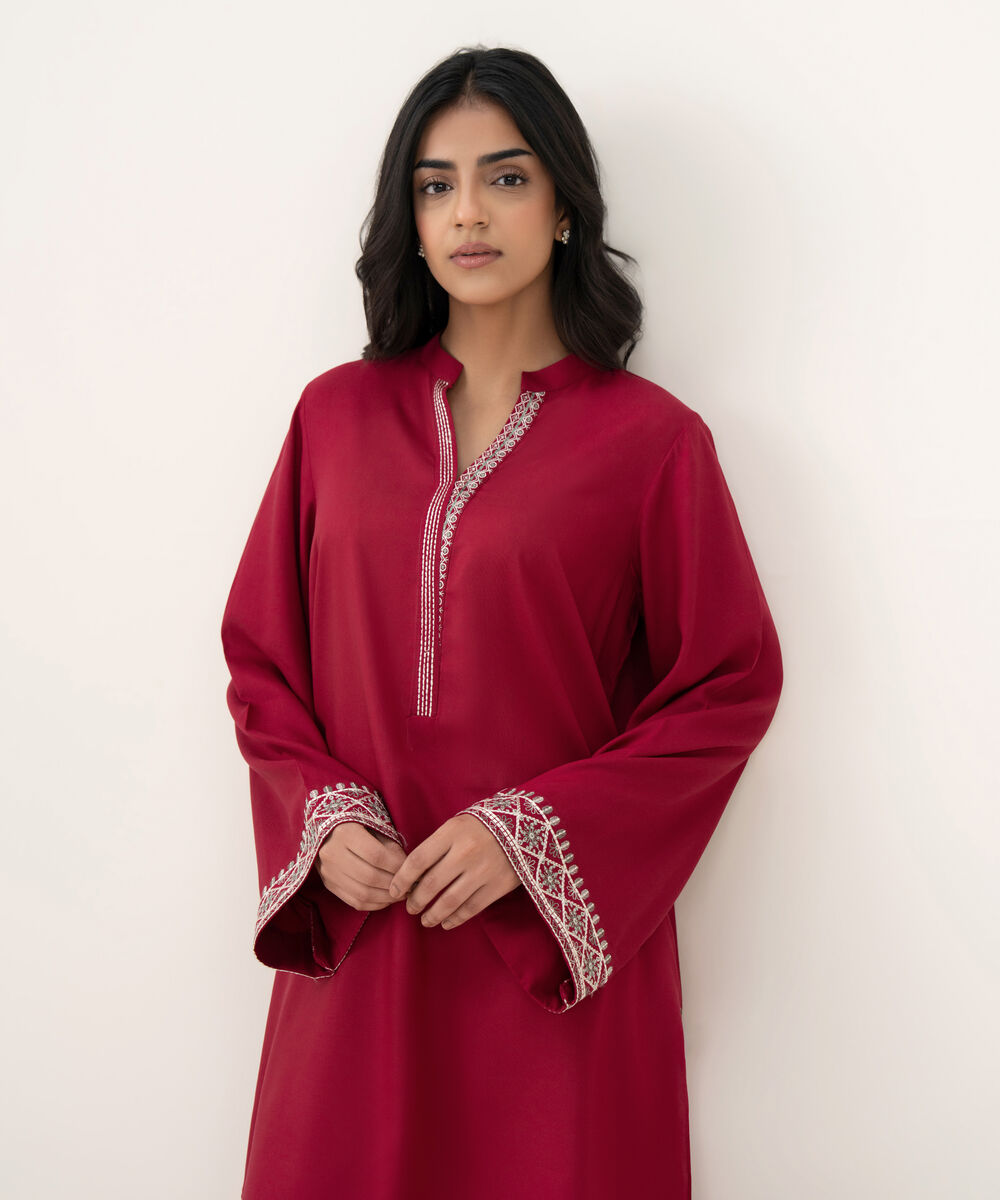 Women's RTW Khaddar Embroidered Straight Maroon Shirt