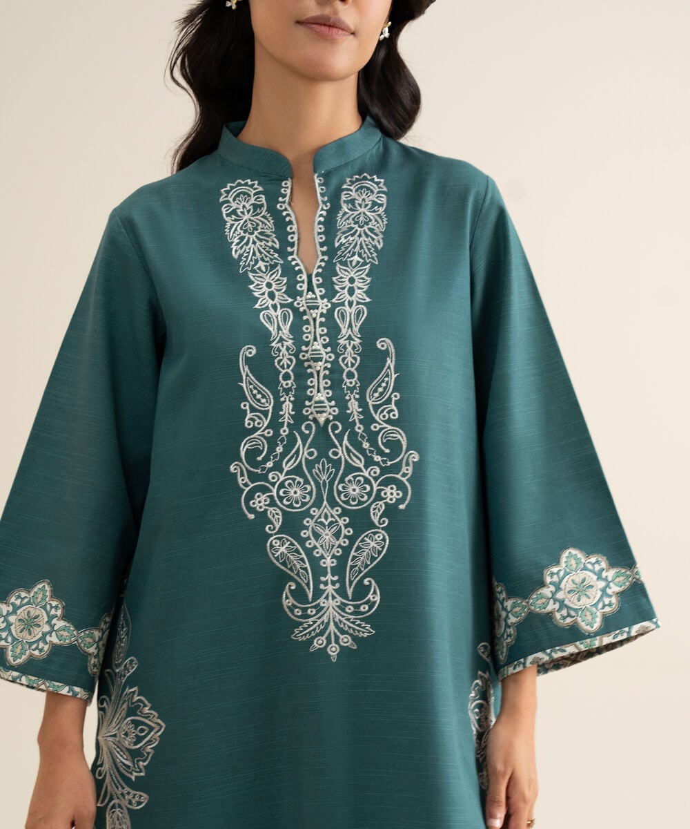 Women's Unstitched Light Khaddar Embroidered Teal Blue 2 Piece Suit