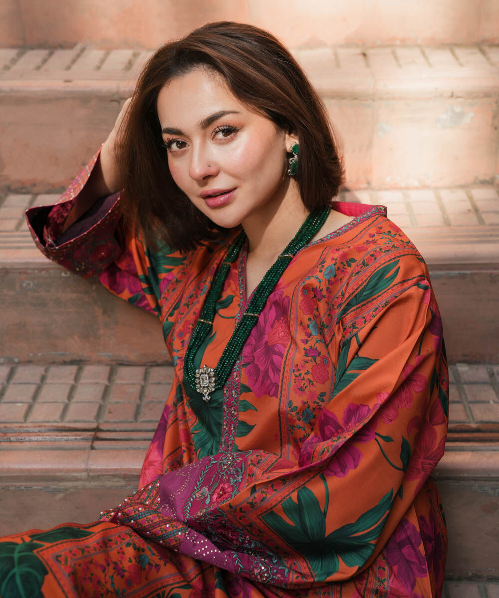 Woman - Orange 2 Piece - Embroidered Silk Suit
