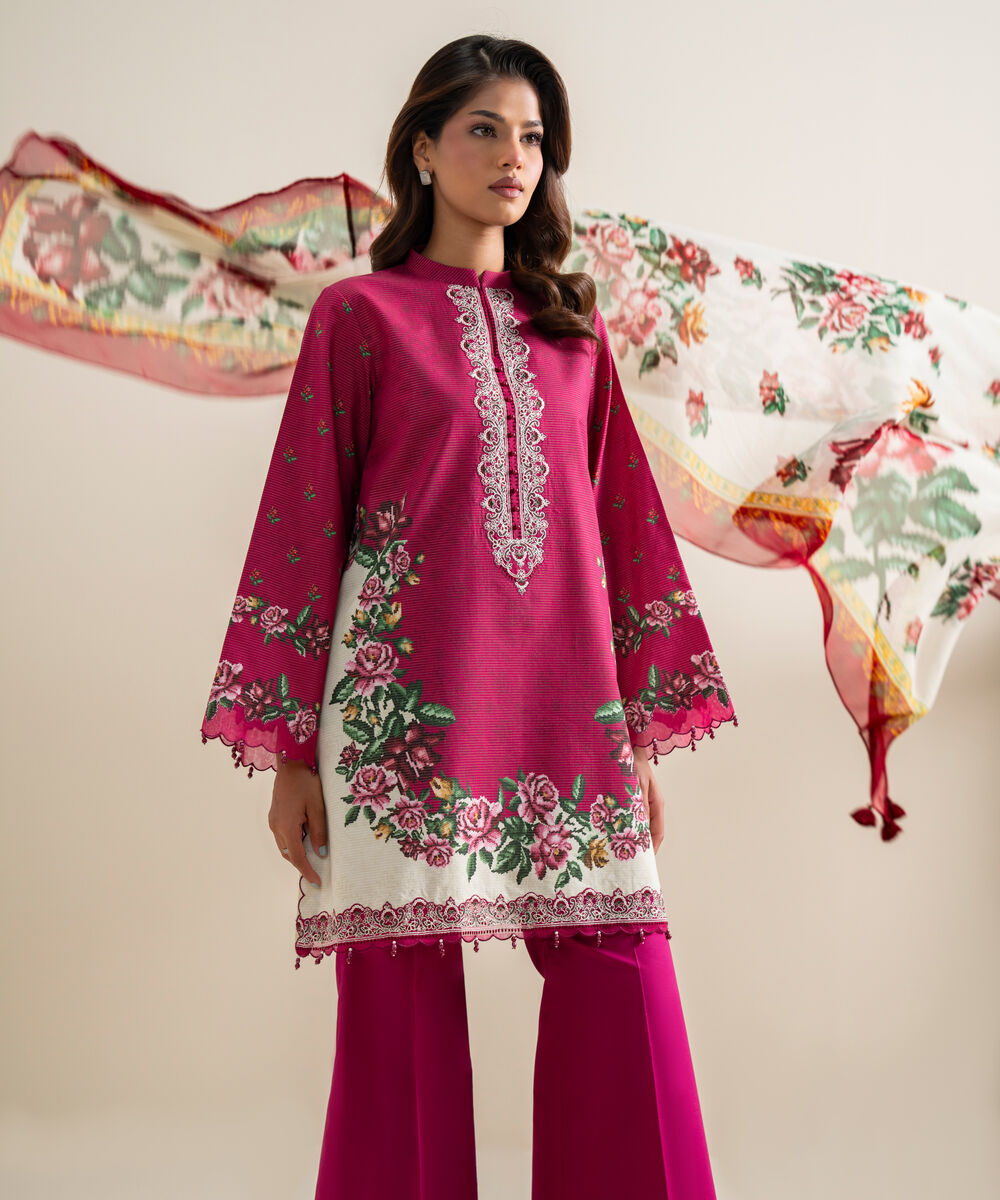 Women's Unstitched Zari Cotton Embroidered Pink 3 Piece Suit