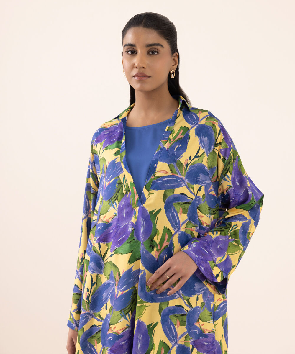 Women's RTW Arabic Lawn Blue Printed Drop Shoulder Shirt