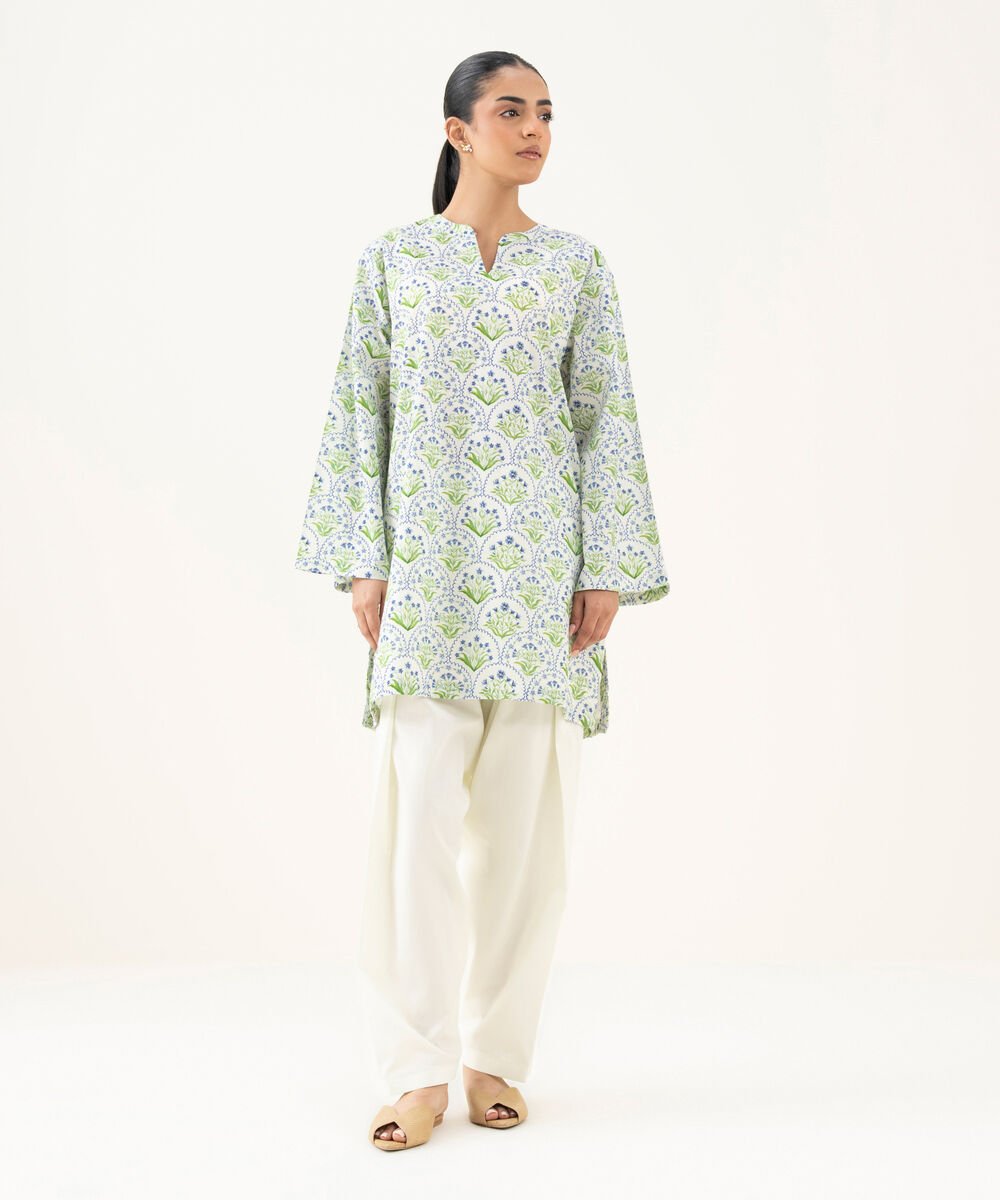 Women's RTW Cambric Printed Mint Green Straight Shirt