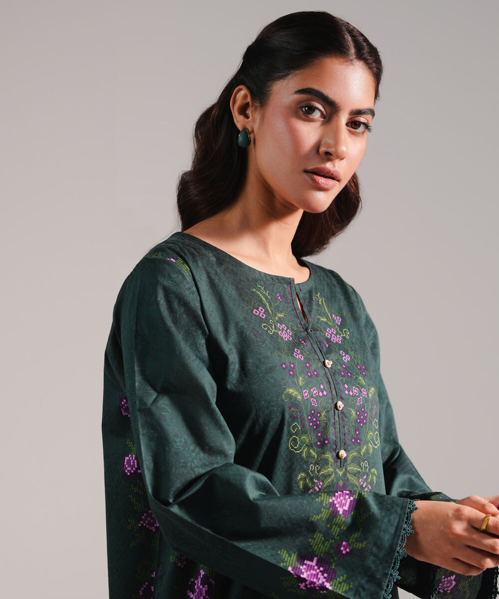 Women's RTW Dobby Printed Dark Green 2 Piece Suit